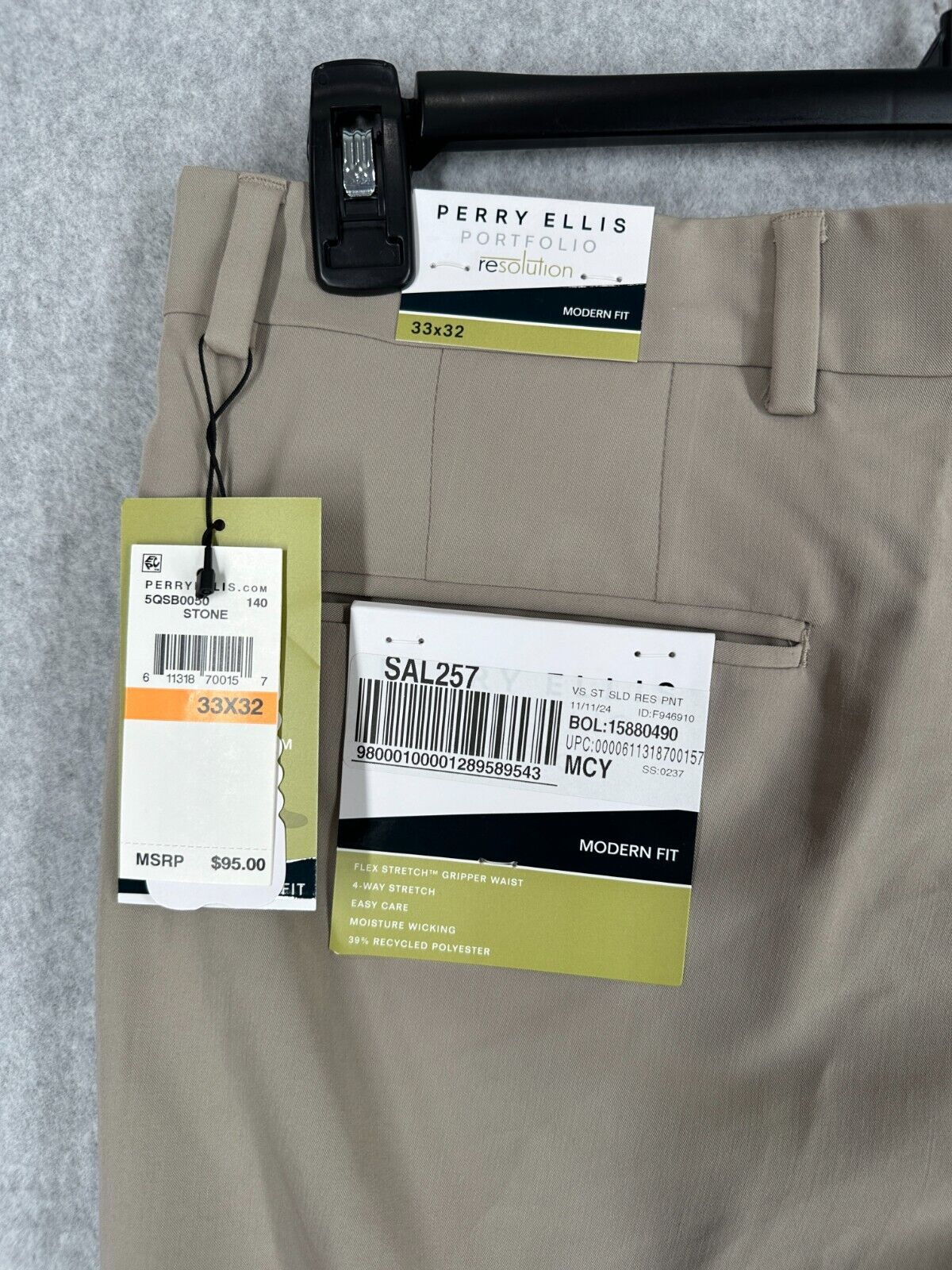 Perry Ellis Mens Dress Pants 33x32 Stone Beige Modern Fit Stretch Resolution