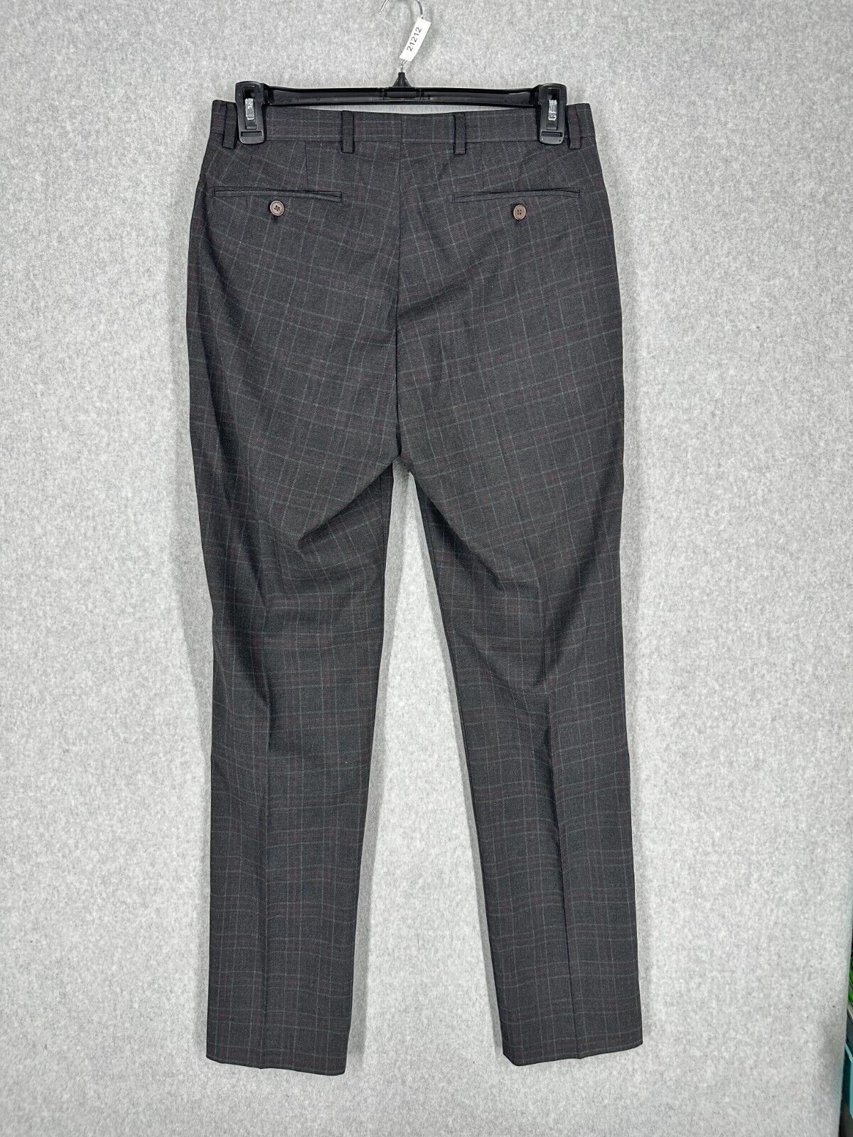 Calvin Klein Dress Pants Mens Size 33x34 Charcoal Red Plaid Slim Fit Performanc