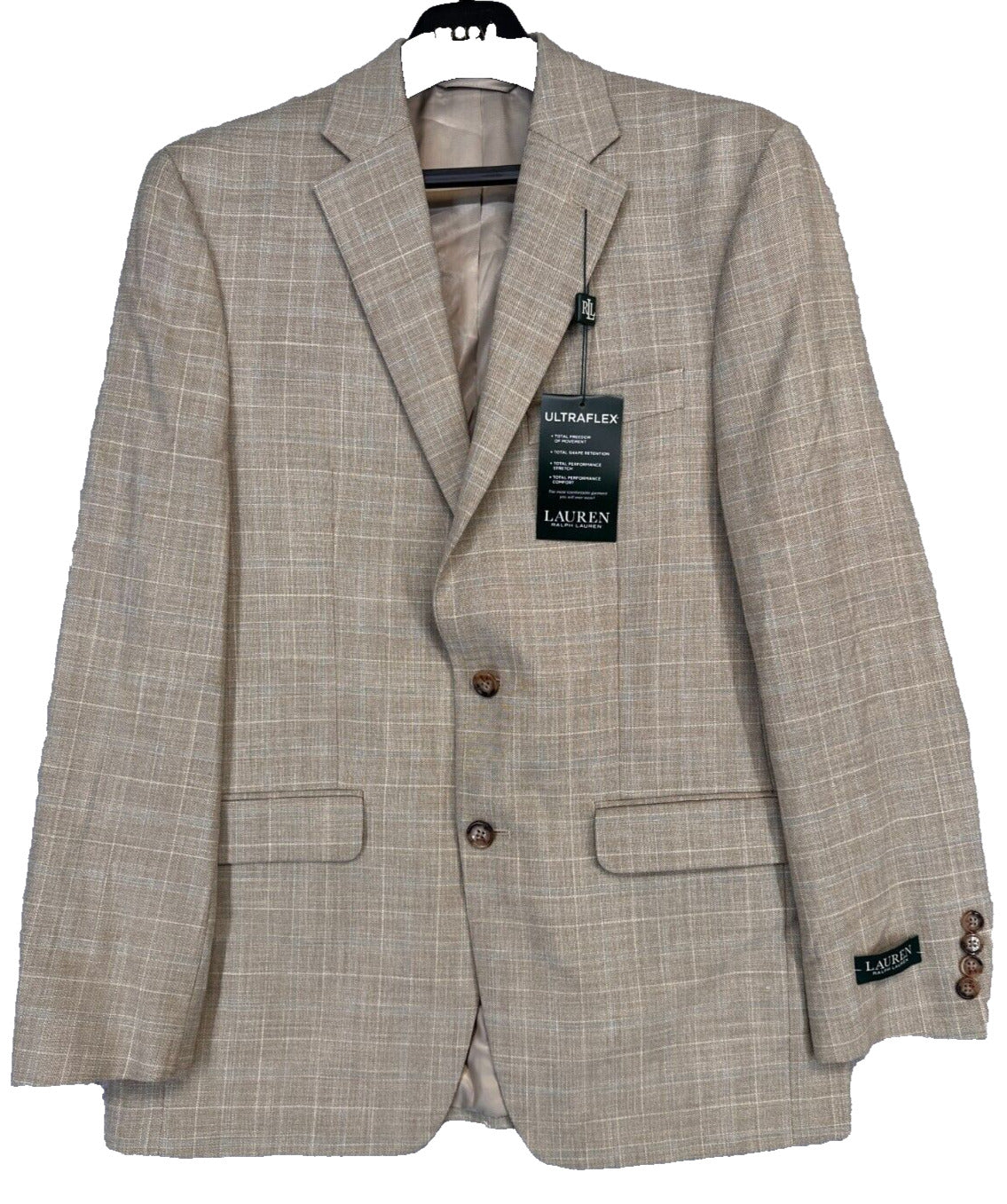 Lauren Ralph Lauren Sport Coat 38R Tan Blue Windowpane UltraFlex Classic Fit NWT