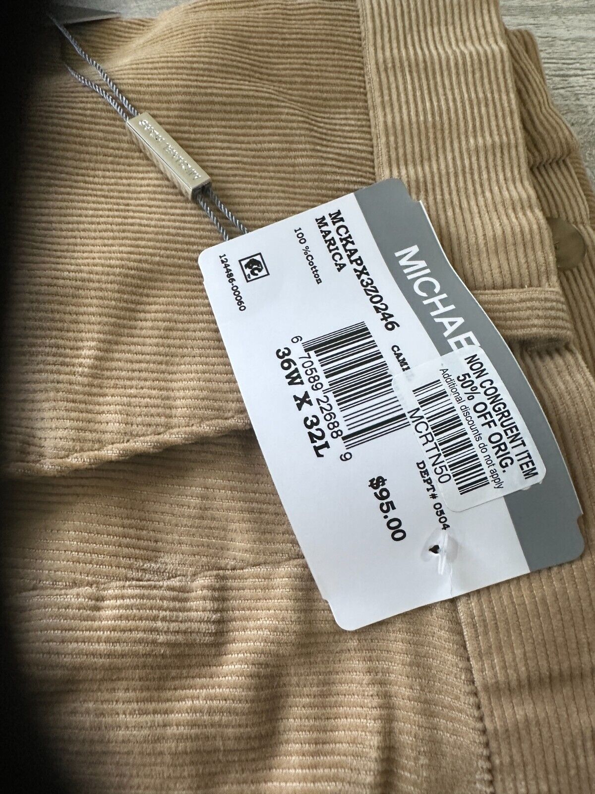 MICHAEL KORS Corduroy Pants Mens Size 36x32 Camel Biege Modern Fit Stretch NWT