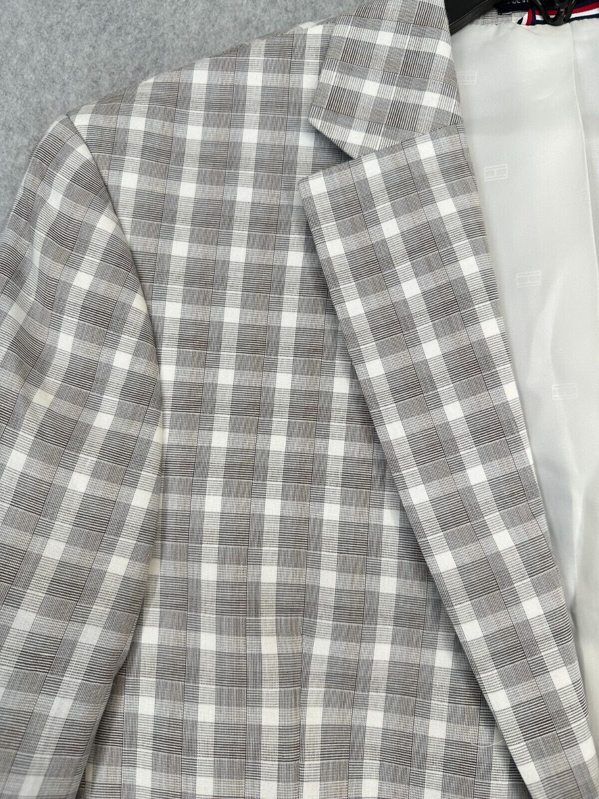 TOMMY HILFIGER Blazer Jacket Size 40L Tan Gray Plaid Modern Fit NWOT $295