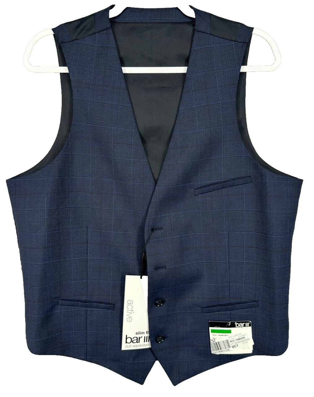 BAR III Suit Vest Size Large Navy Plaid Slim Fit Wool Blend Stretch FLAW!