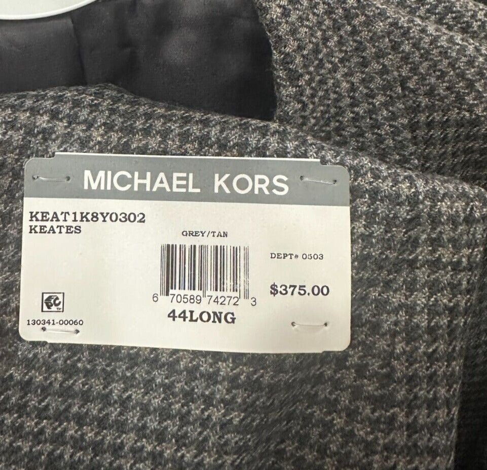 MICHAEL KORS Sport Coat Mens Size 44L Gray Tan Houndstooth Wool Classic Fit NWT