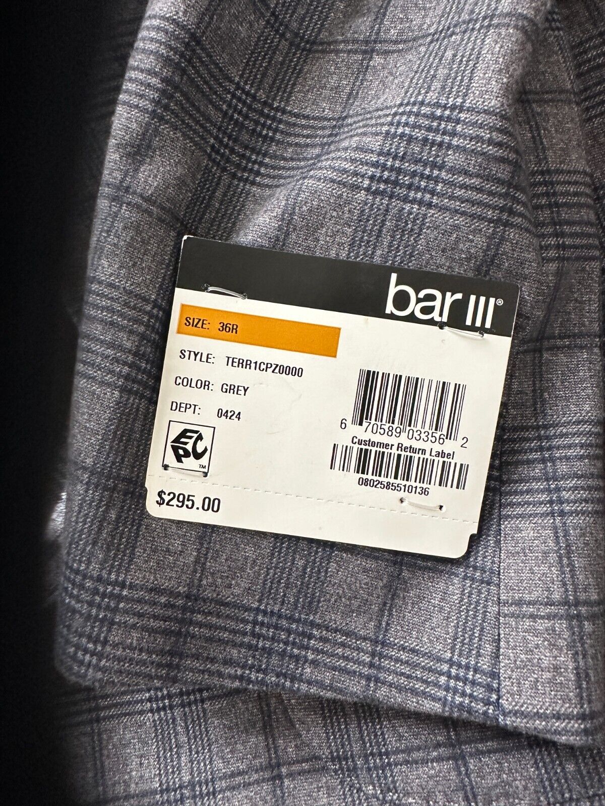 Bar III Sport Coat Mens Size 36R Gray Windowpane Plaid Slim Fit NWT $295