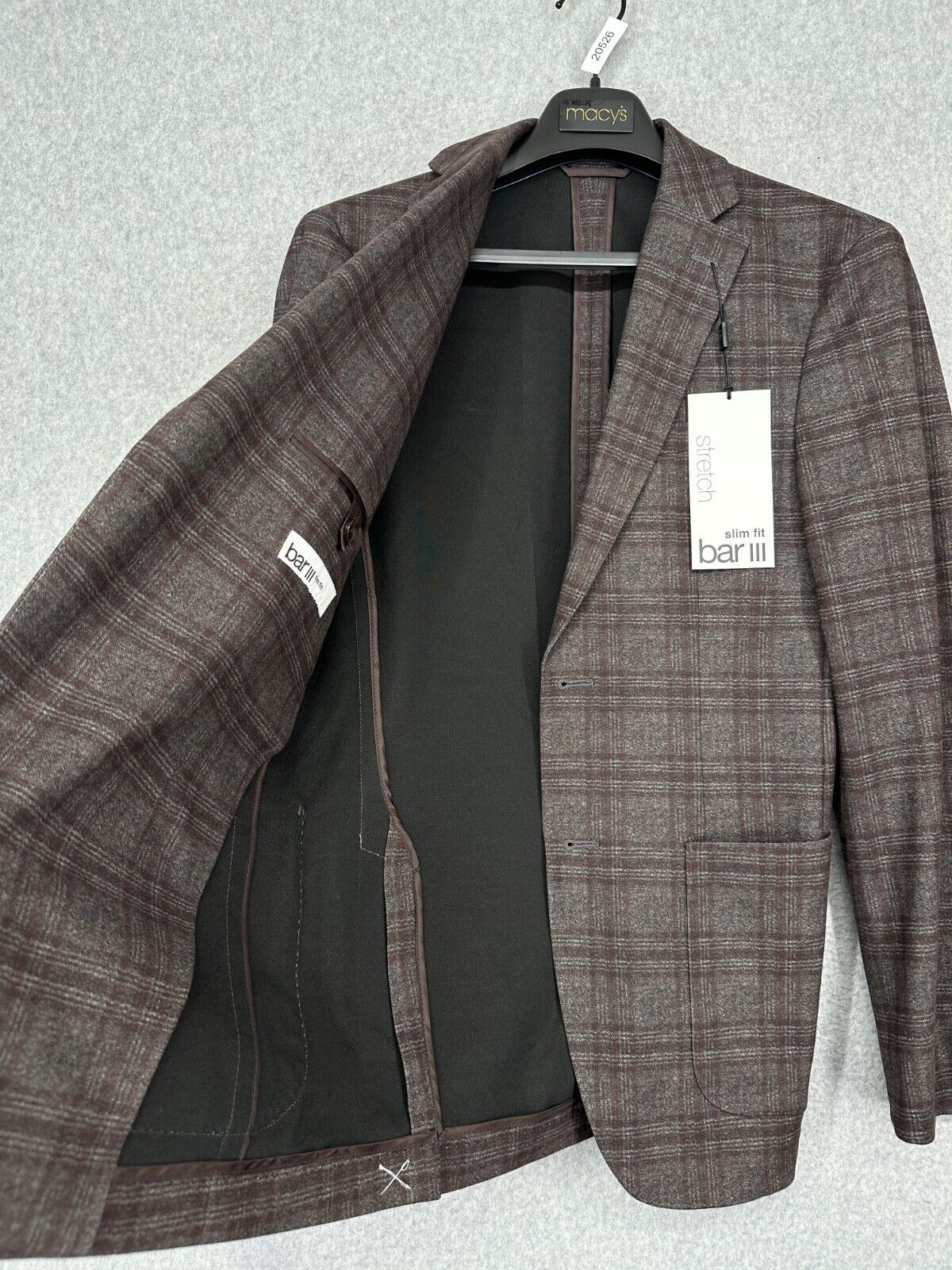 Bar III Sport Coat Mens Size 36R Brown Windowpane Plaid Slim Fit NWT $295