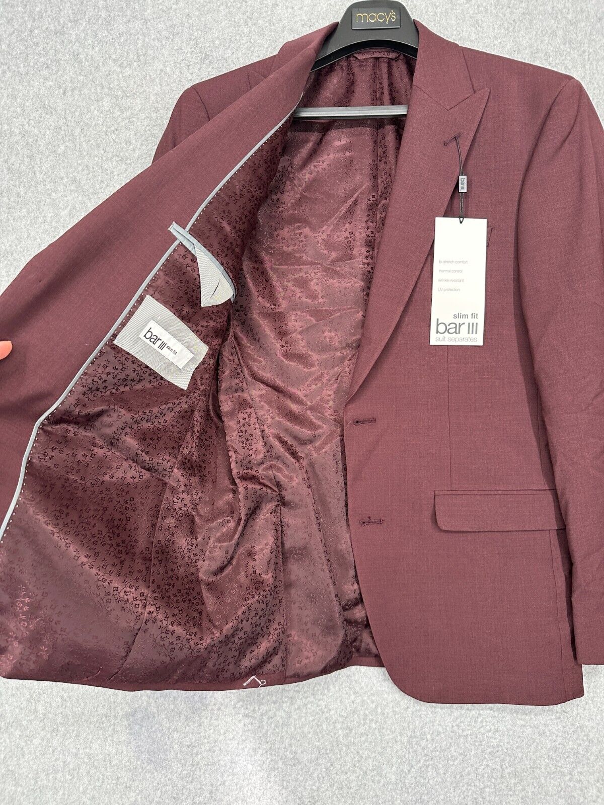 Bar III Suit Jacket Mens Size 38R Burgundy Dark Red Slim Fit Wool Blend NWT $425