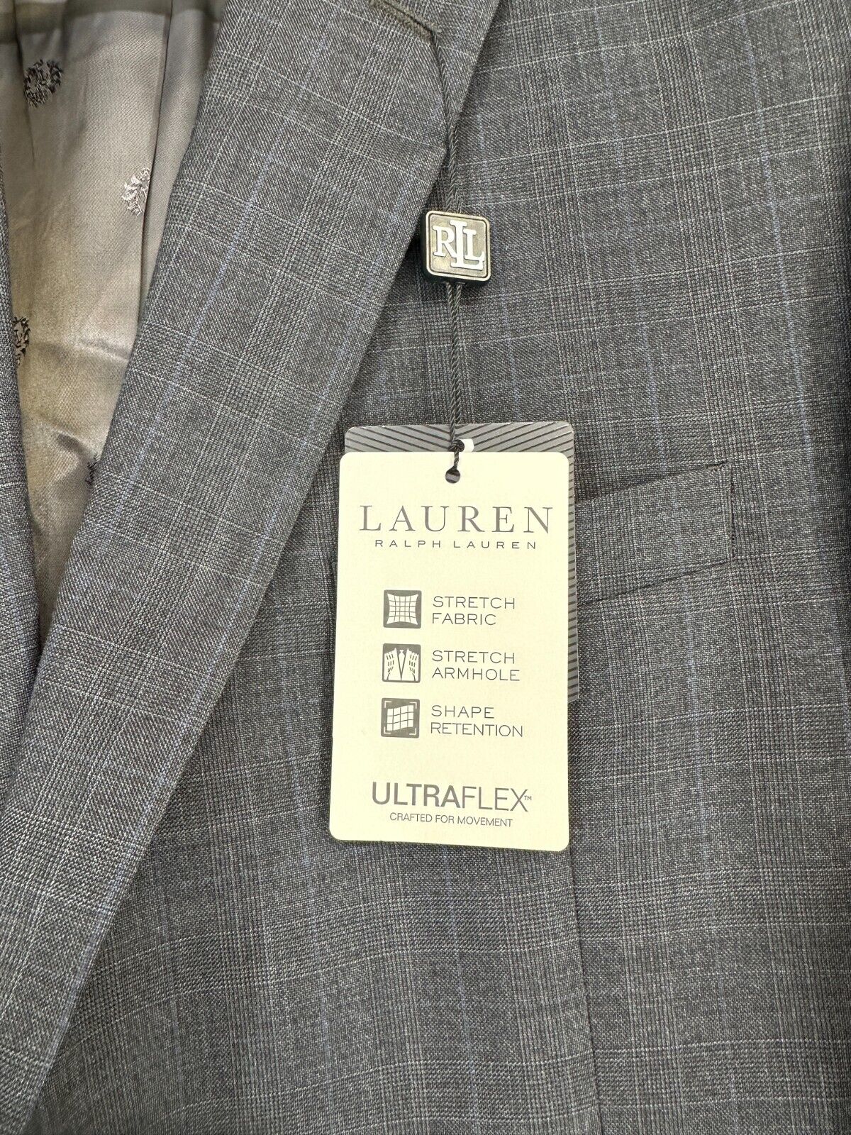 Ralph Lauren Suit Size 42L 36x32 Gray Blue Plaid Ultraflex Classic Fit 2-Piece