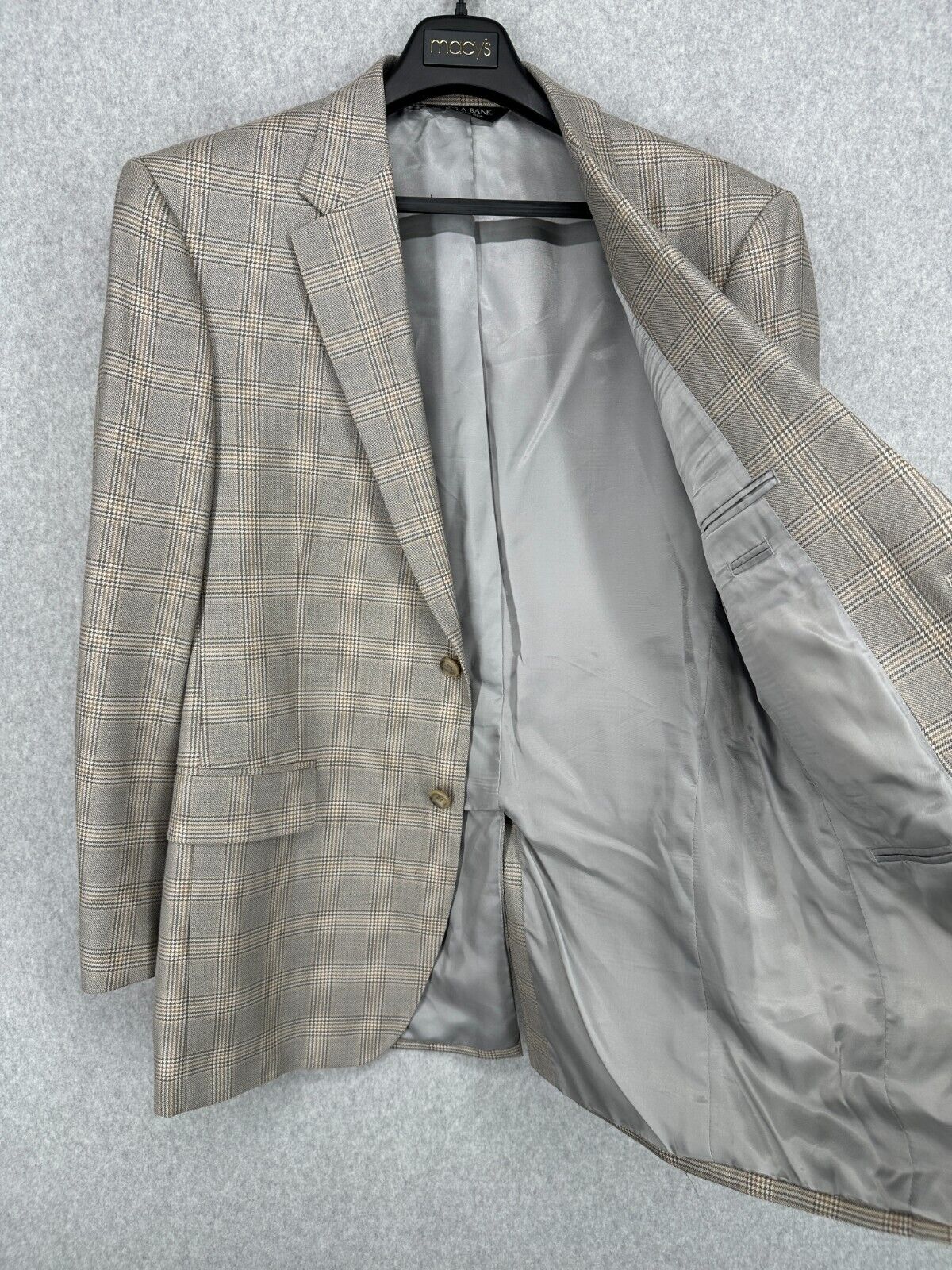 JOS A BANKS Sport Coat Size 40R Tan Gray Plaid Silk Wool Blend Classic Fit