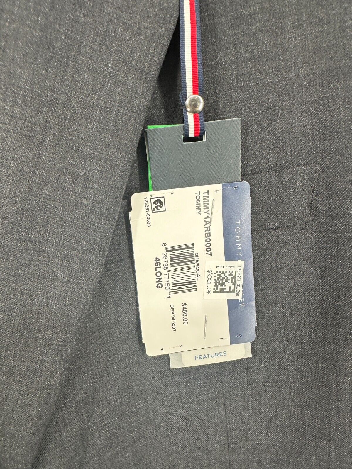 TOMMY HILFIGER Suit Jacket Size 46L Charcoal Modern Fit Wool TH Flex Stretch