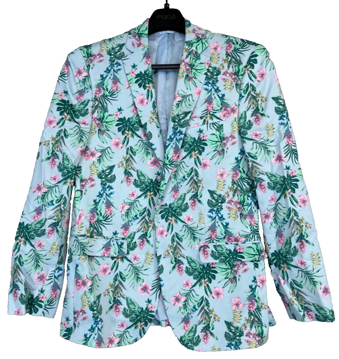 Bar III Mens Suit Jacket Size 40R Blue Pink Floral Print Slim Fit Blazer NWT