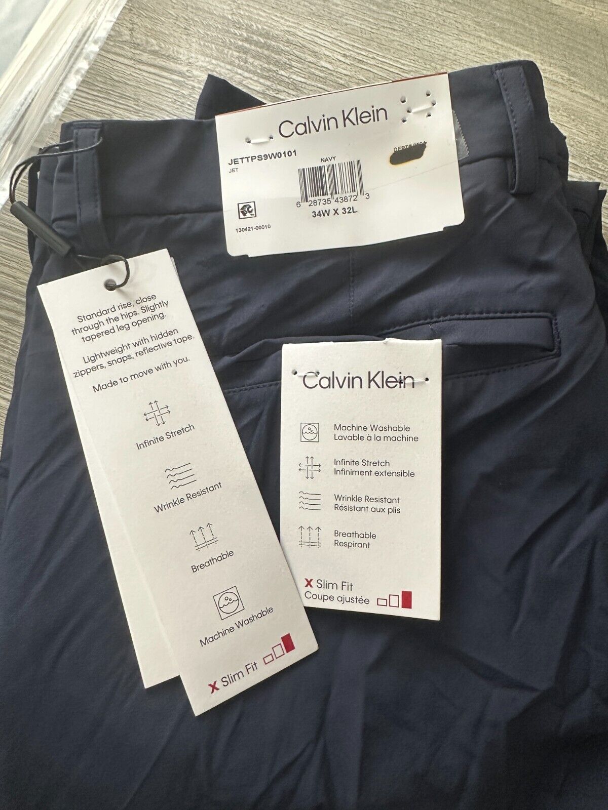 Calvin Klein Tech Dress Pants Mens Size 34x32 Navy Blue Solid Slim Fit JET NWT