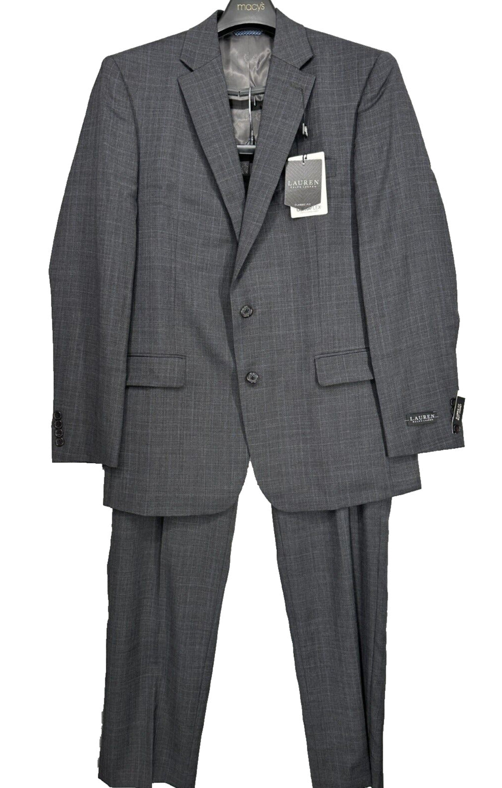 Ralph Lauren Suit Size 42L 36x32 Gray Blue Plaid Ultraflex Classic Fit 2-Piece