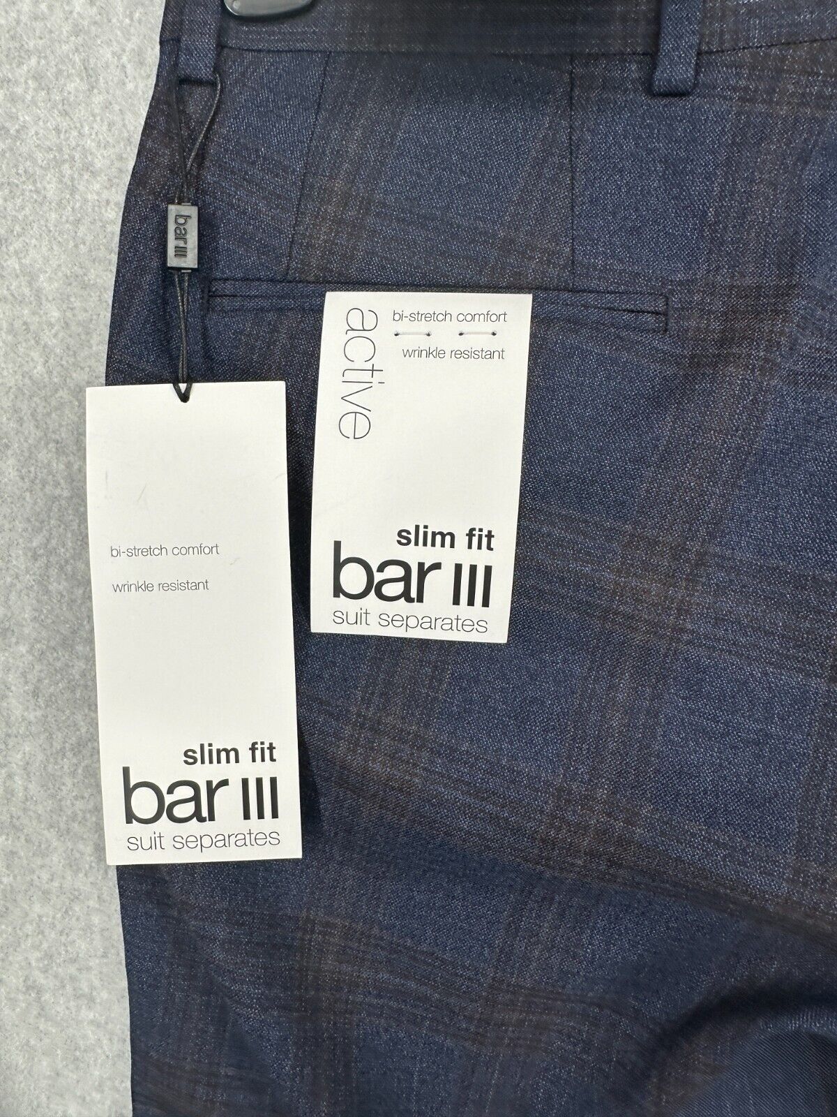 BAR III Dress Pants Mens Size 29x30 Navy Plaid Slim Wool Blend Stretch PreOwned