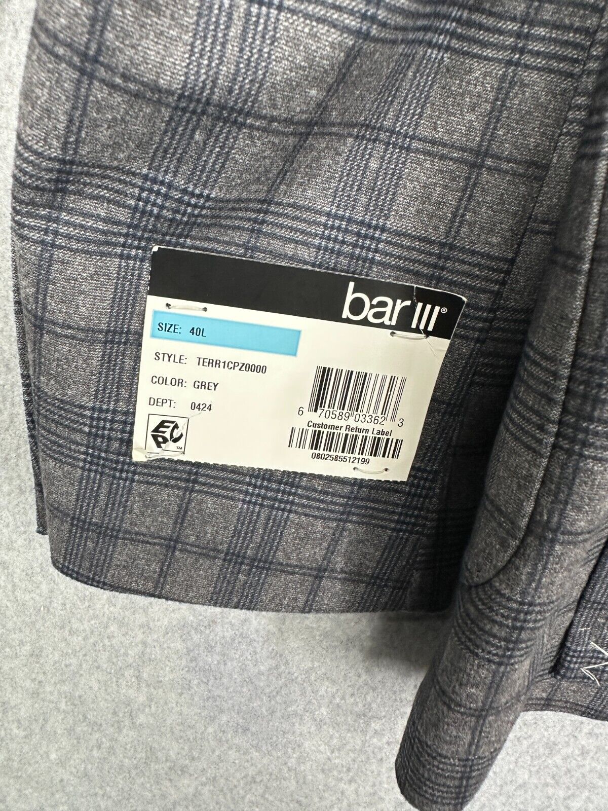 Bar III Sport Coat Mens Size 40L Gray Windowpane Plaid Slim Fit NWT $295