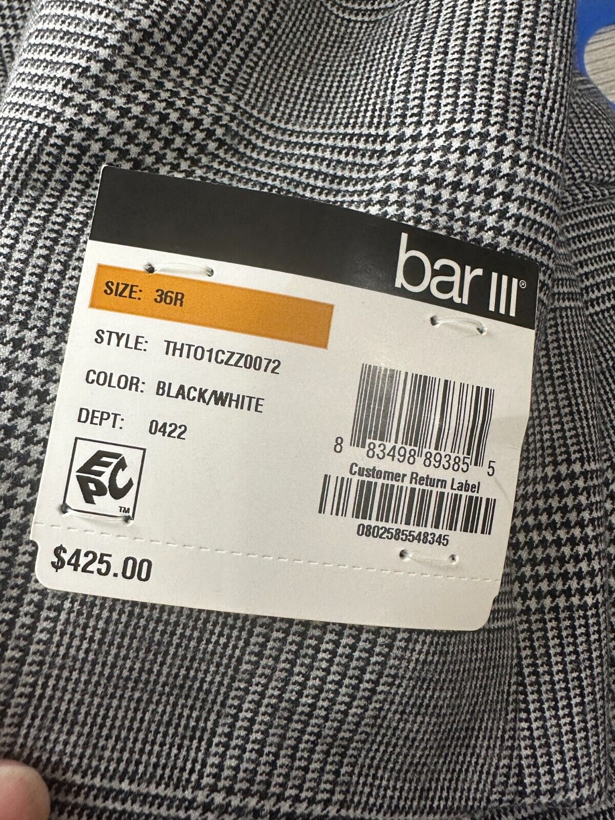 Bar III Suit Jacket Mens Size 36R Black White Plaid Houndstooth Slim Fit NWT 425