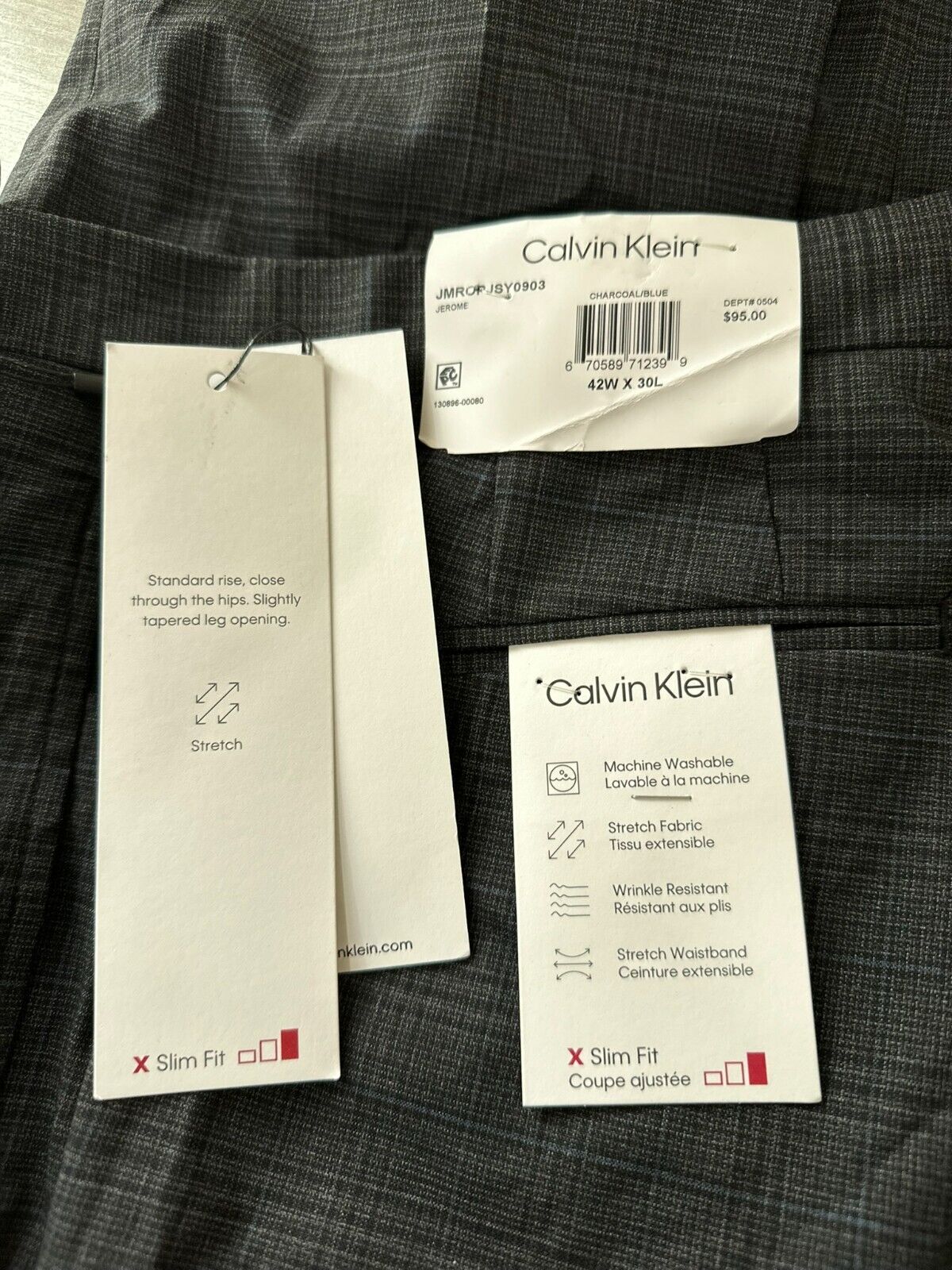 Calvin Klein Dress Pants Mens Size 42x30 Charcoal Blue Plaid Slim Fit Performanc