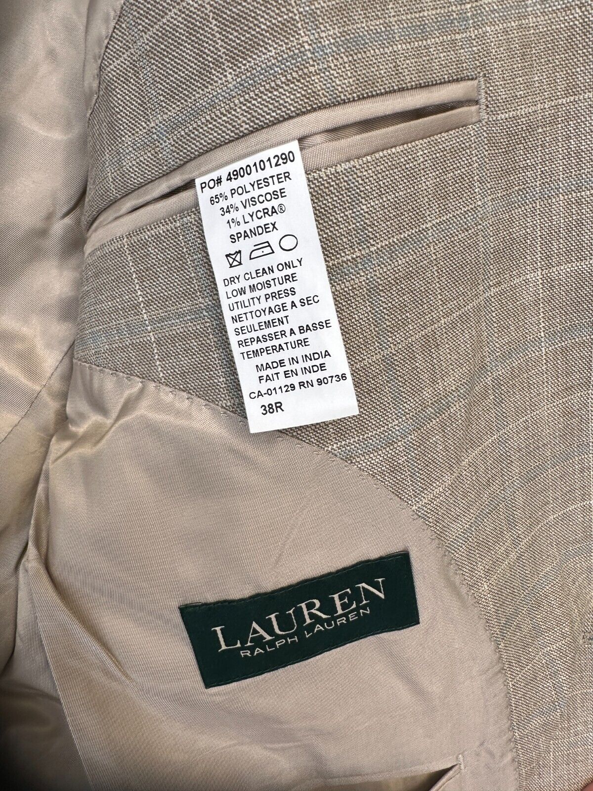 Lauren Ralph Lauren Sport Coat 38R Tan Blue Windowpane UltraFlex Classic Fit NWT