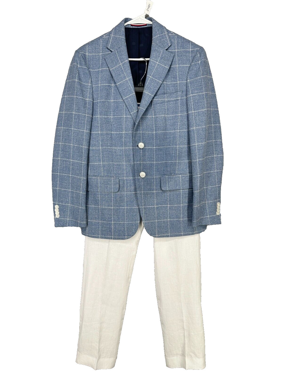 Tommy Hilfiger Sport Coat Size 36S Blue White Windowpane & 30x30 Linen Pants