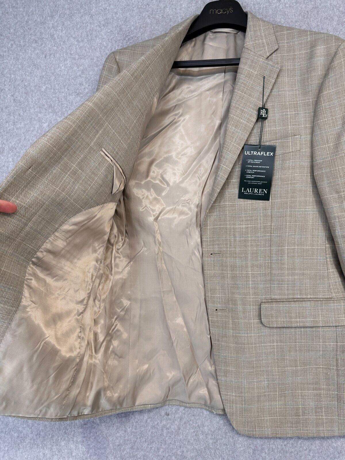 Lauren Ralph Lauren Sport Coat 38R Tan Blue Windowpane UltraFlex Classic Fit NWT