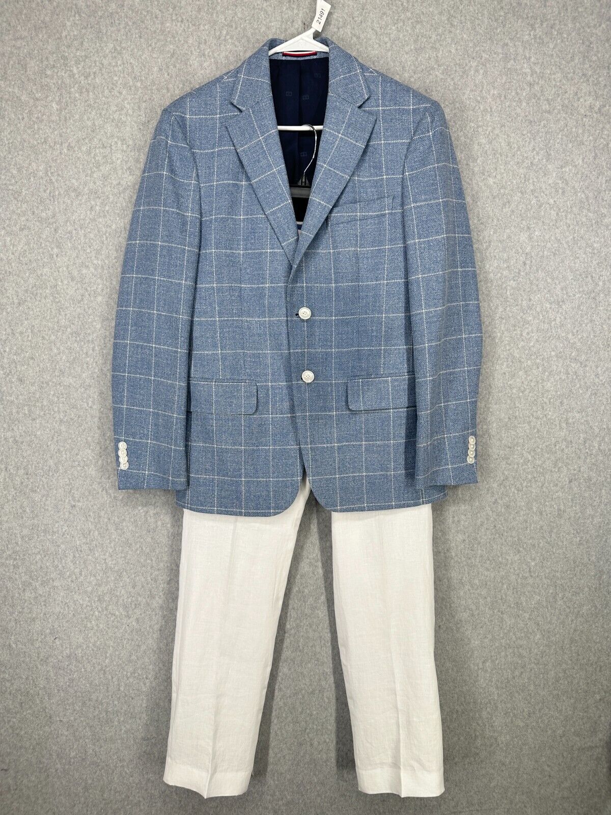 Tommy Hilfiger Sport Coat Size 36S Blue White Windowpane & 30x30 Linen Pants