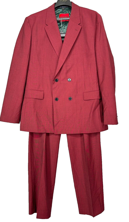 HUGO Suit Mens Size 42R 38x32 2-Piece Dark Red Double Breasted Super Flex NWT