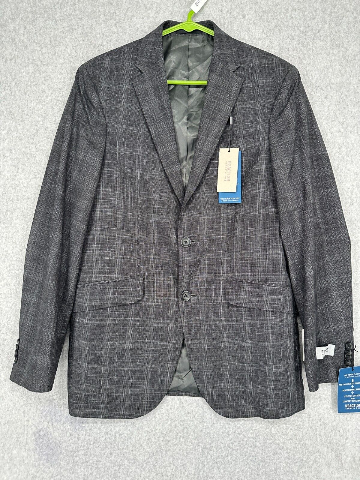 Kenneth Cole Suit Men Size 36R 29x32 Charcoal Plaid Slim Fit Ready Flex 2-Piece