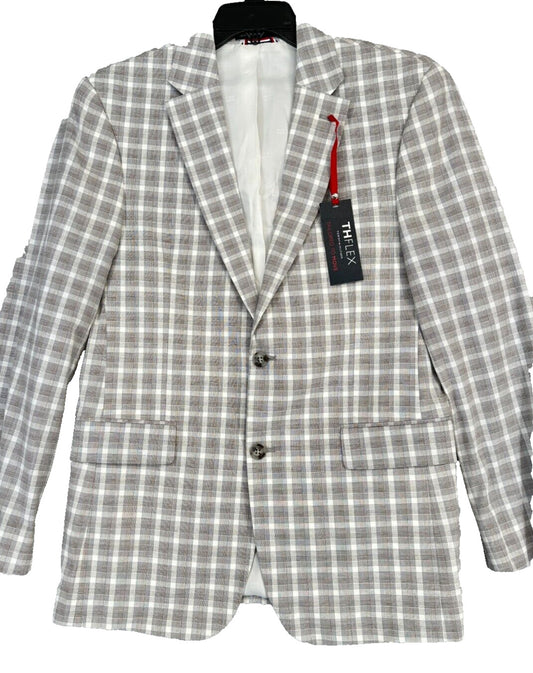 TOMMY HILFIGER Blazer Jacket Size 40L Tan Gray Plaid Modern Fit NWOT $295