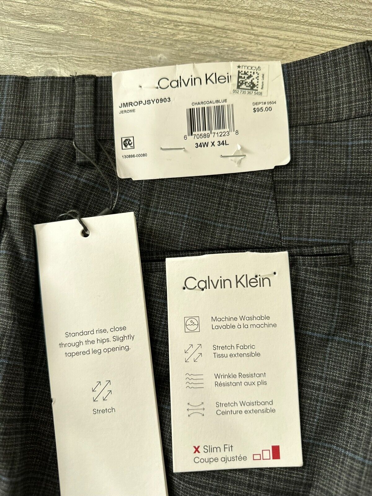 Calvin Klein Dress Pants Mens Size 34x34 Charcoal Blue Plaid Slim Fit Performanc