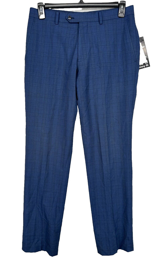 BAR III Dress Pants Mens Size 32x34 Blue Plaid Slim Fit Wool Blend