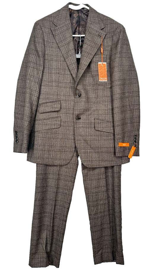 TALLIA Suit Mens Size 36S 30x30 2-Piece Brown Plaid Slim Fit Wool Blend NWT $600