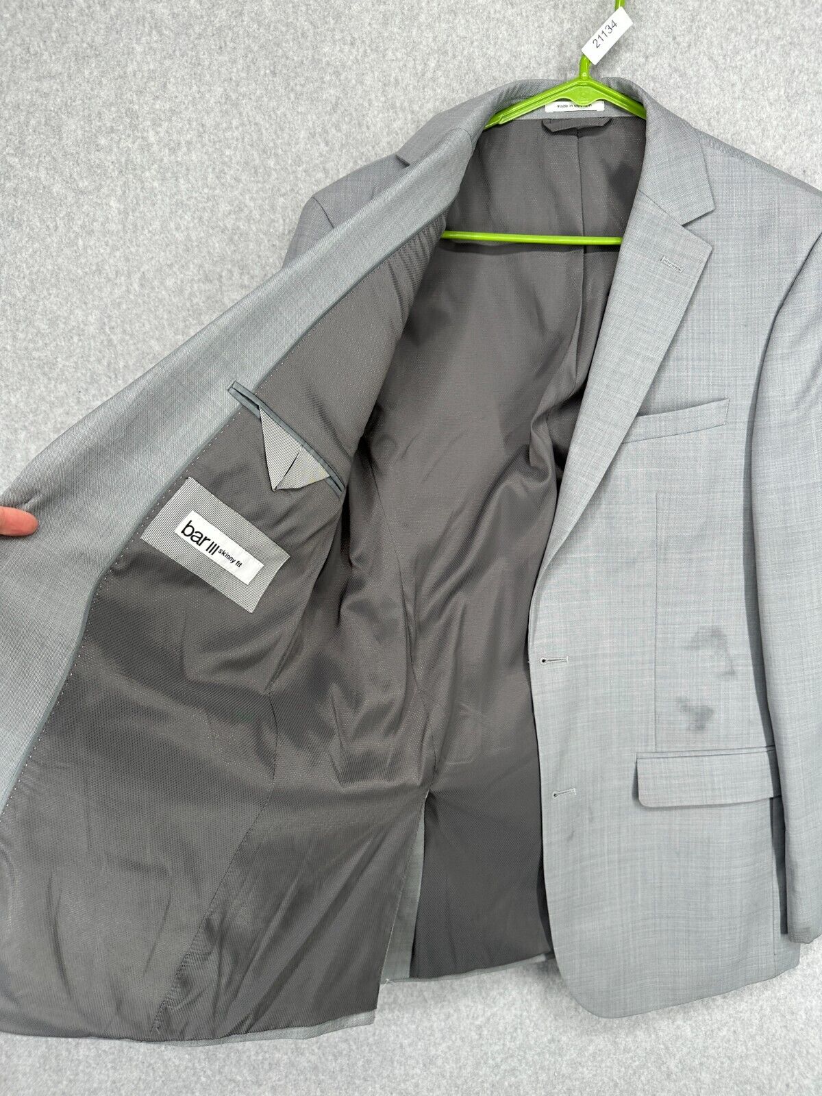 BAR III Suit Jacket Size 40L Light Gray Skinny Fit Wool Blend Stretch FLAWS!