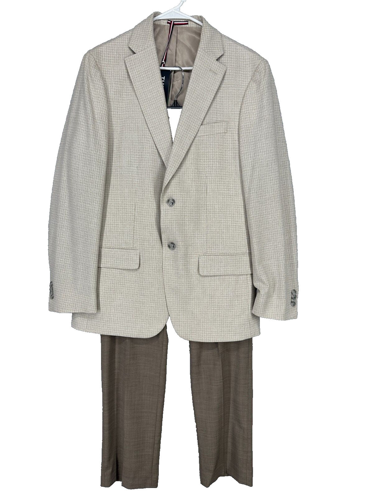 Tommy Hilfiger Sport Coat Size 40R White Tan Check & 32x30 Brown Pants Suit Set