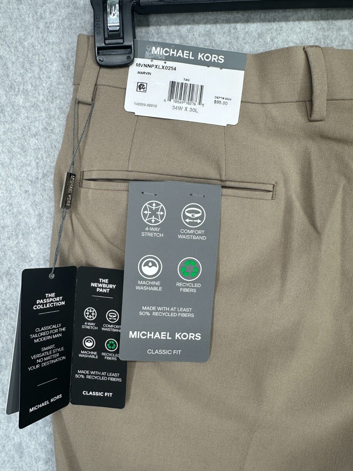 Michael Kors Dress Pants Mens Size 34x30 Tan Classic Fit Performance NWT FLAW!