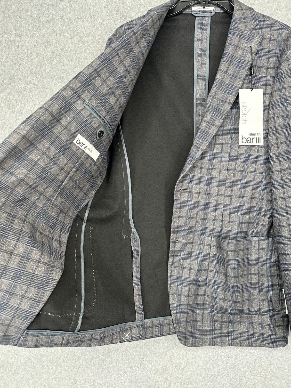 Bar III Sport Coat Mens Size 40L Gray Windowpane Plaid Slim Fit NWT $295