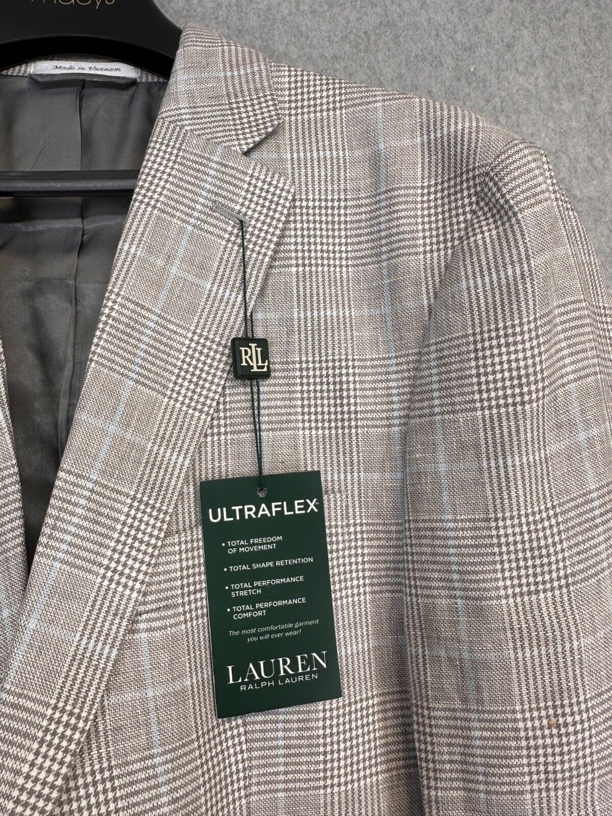 Lauren Ralph Lauren Blazer 42L Gray Blue Plaid Linen UltraFlex Classic Fit NWT