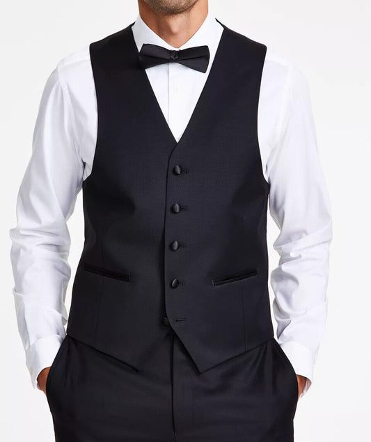 MICHAEL KORS Tuxedo Vest Size Medium Black Classic Fit Stretch Solid FLAW