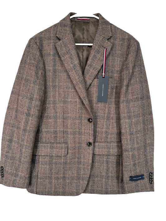 Tommy Hilfiger Sport Coat Mens Size 40S Brown Plaid 100% Wool Modern Fit NWT