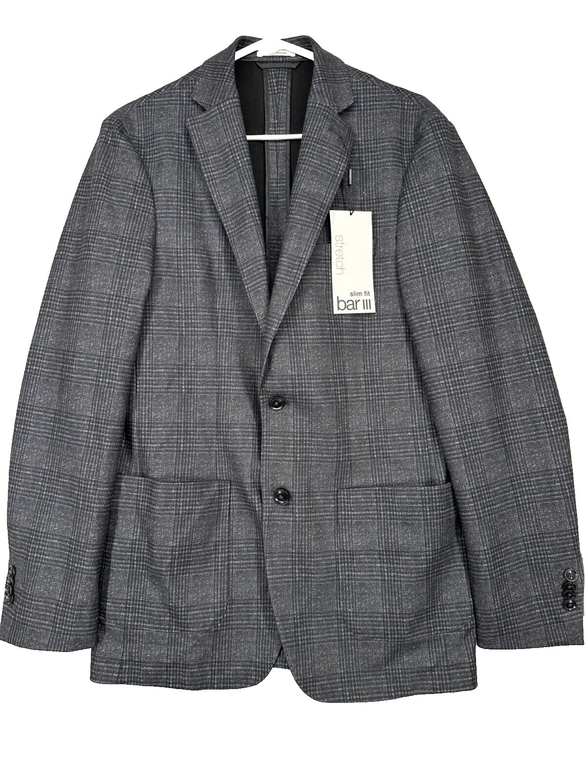 Bar III Sport Coat Mens Size 38L Gray Charcoal Plaid Slim Fit NWT $295