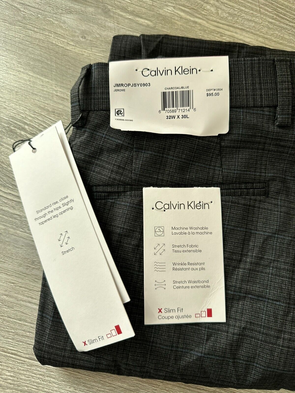 Calvin Klein Dress Pants Mens Size 32x30 Charcoal Blue Plaid Slim Fit Performanc