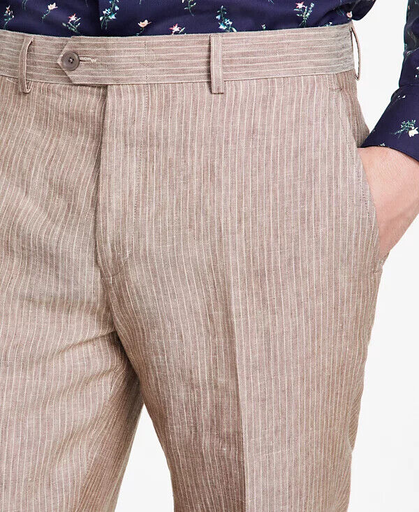 BAR III Linen Pants Mens Size 31x32 Tan White Pinstripe Slim Fit NWT $120