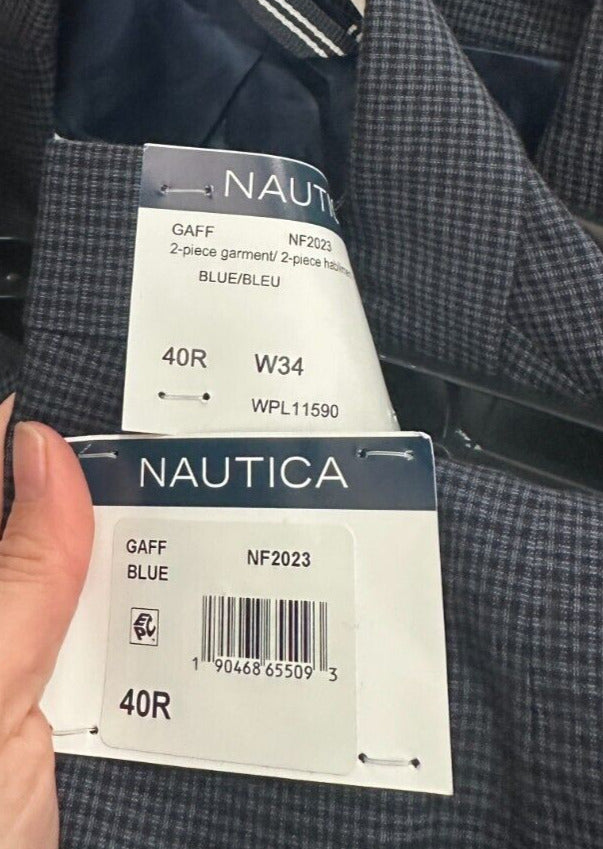 NAUTICA Suit Mens Size 40R 34x32 2-Piece Blue Tick Modern Fit Bi Stretch NWT