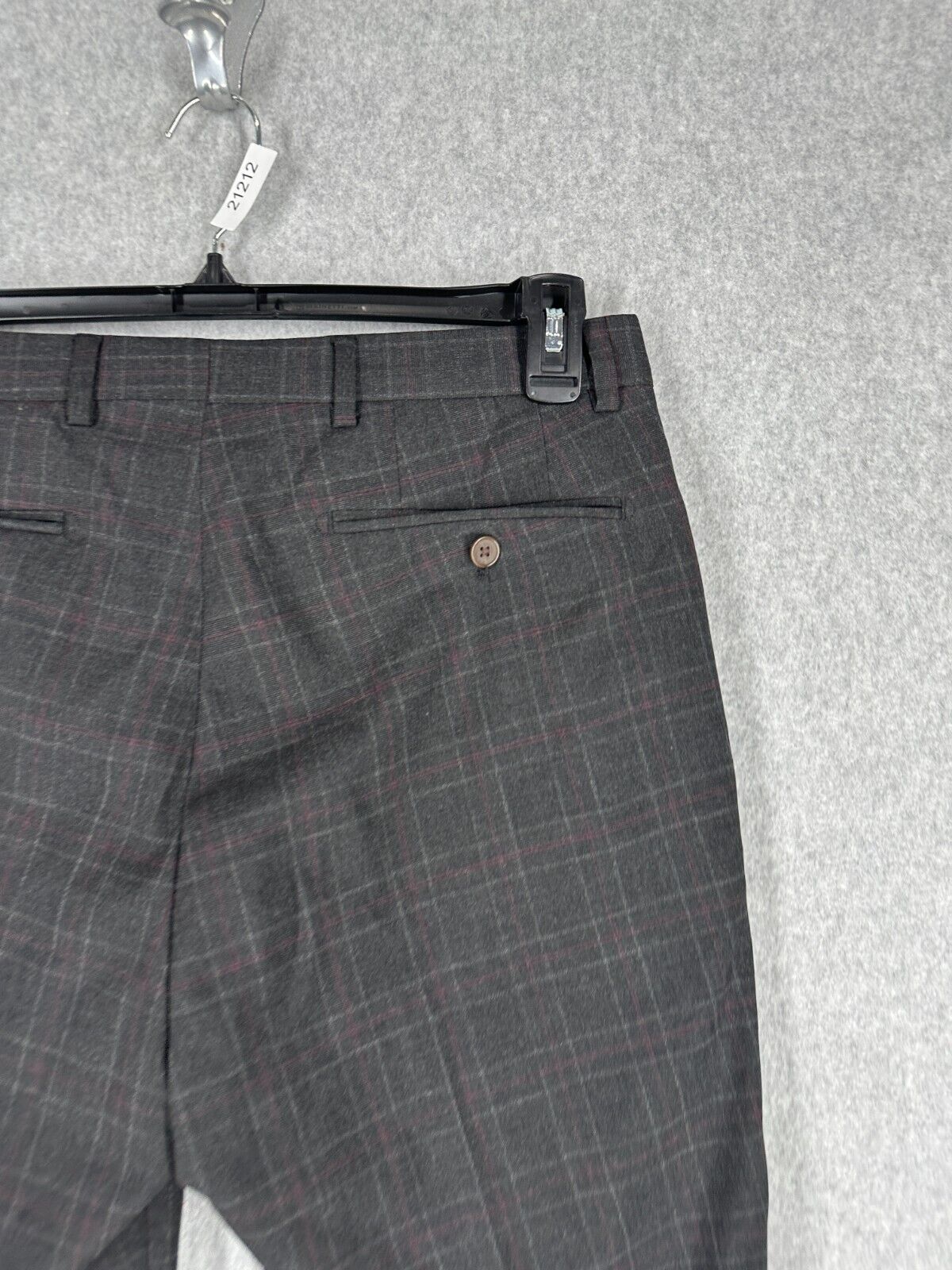 Calvin Klein Dress Pants Mens Size 33x34 Charcoal Red Plaid Slim Fit Performanc