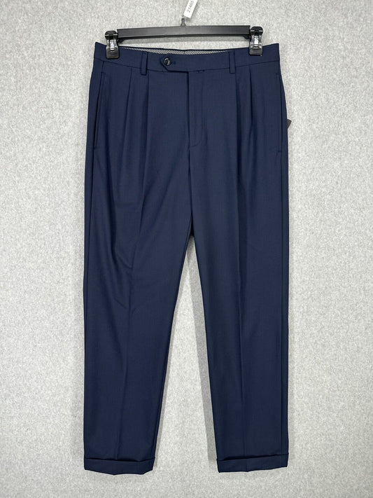 Michael Kors Dress Pants Mens Size 32x32 Navy Solid Pleated Cuffed Classic Fit