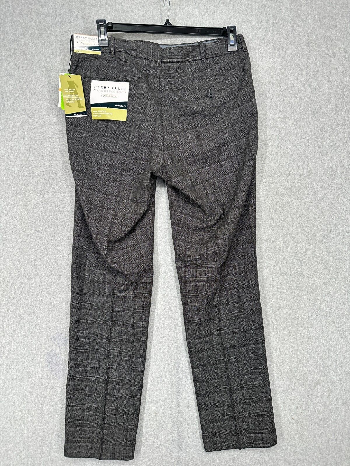 Perry Ellis Dress Pants Mens Size 33x32 Charcoal Plaid Modern Fit Stretch NWT