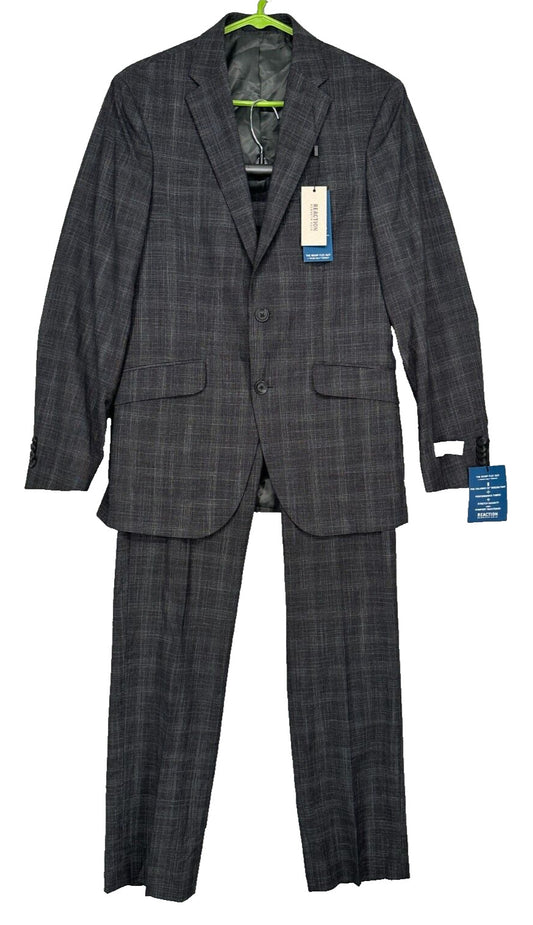 Kenneth Cole Suit Men Size 36R 29x32 Charcoal Plaid Slim Fit Ready Flex 2-Piece