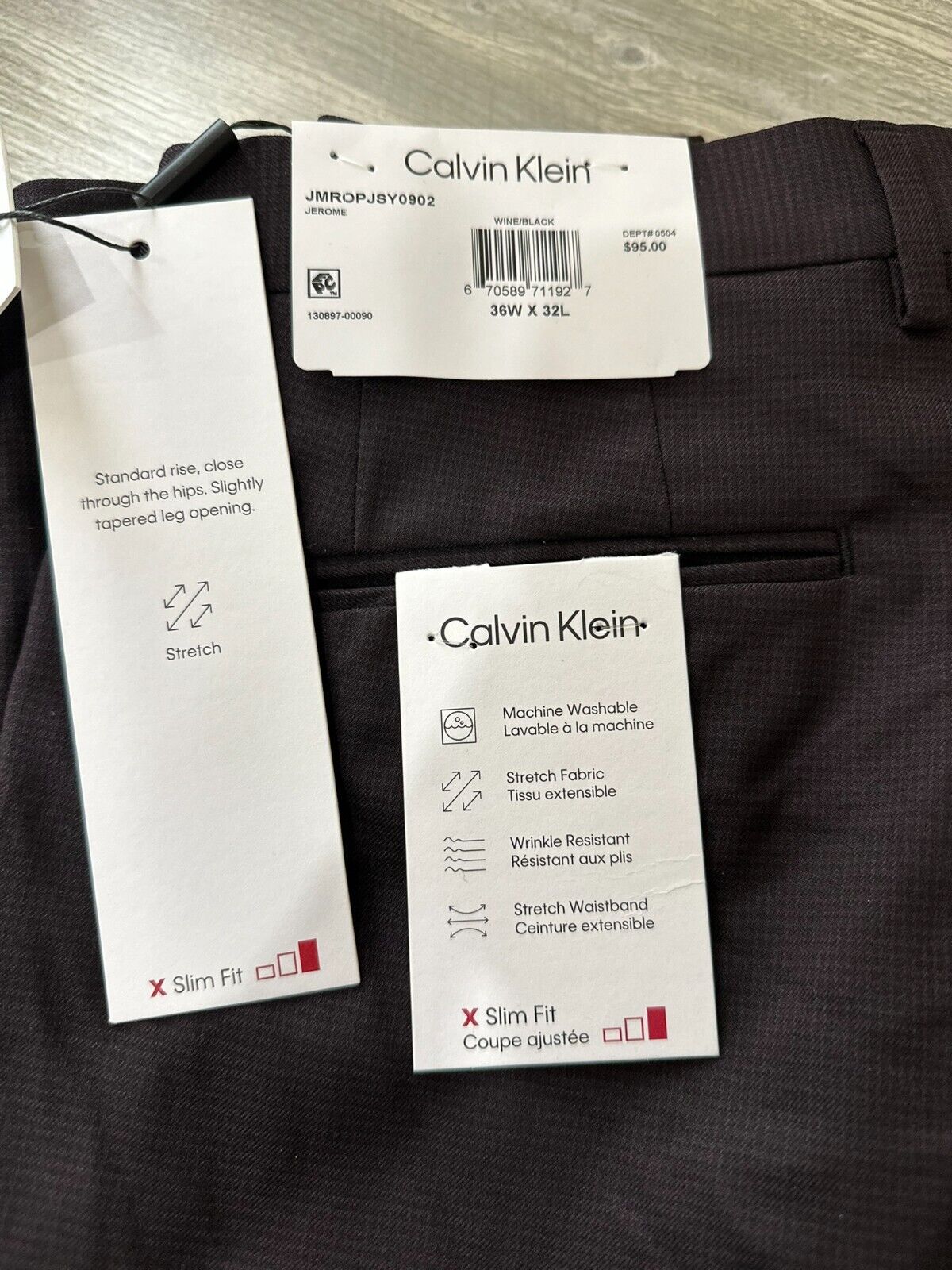 Calvin Klein Dress Pants Mens Size 36x32 Wine Black Plaid Slim Fit JEROME NWT