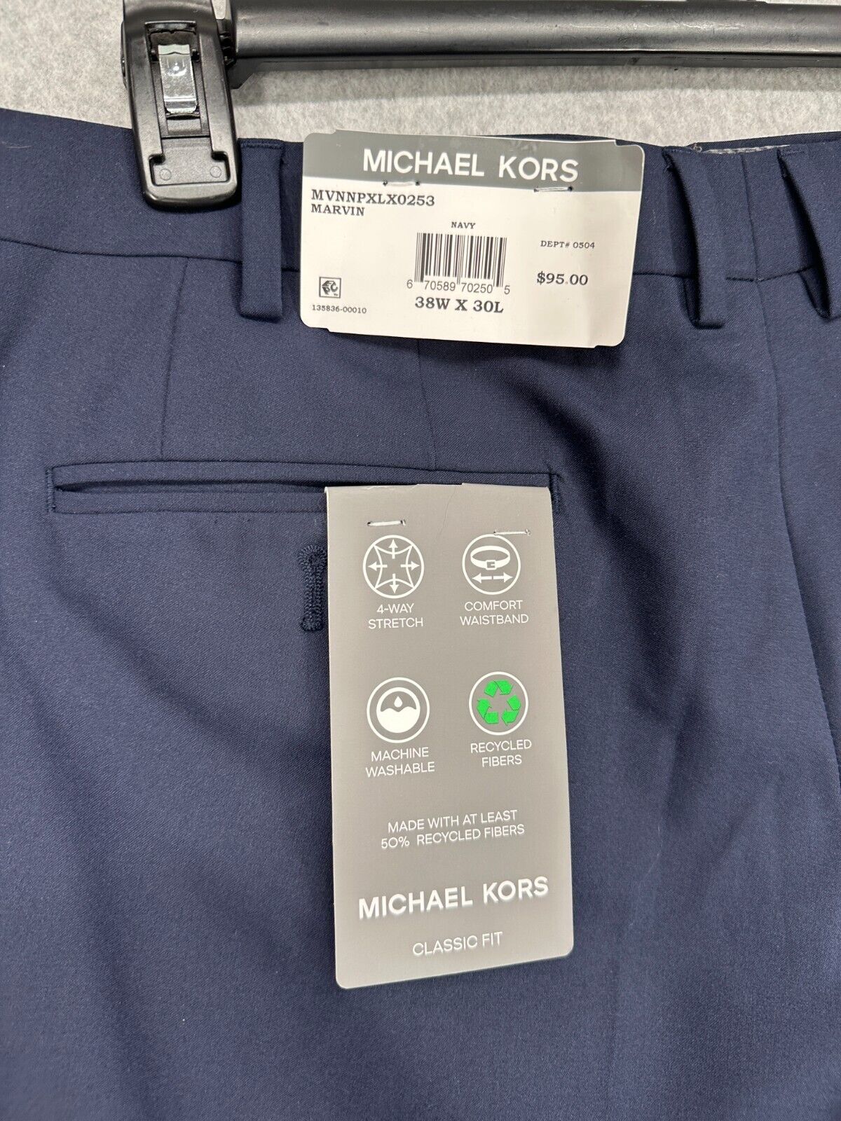 Michael Kors Dress Pants Mens Size 38x28 Navy Classic Fit Performance NWT FLAW