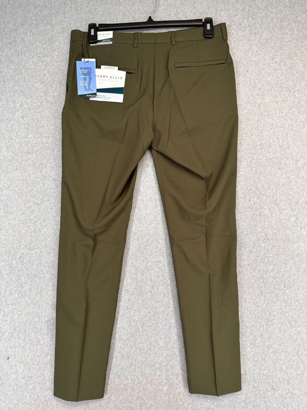 Perry Ellis Mens Pants 30x32 Olive Green Skinny Fit Tapered Water Repellent NWT