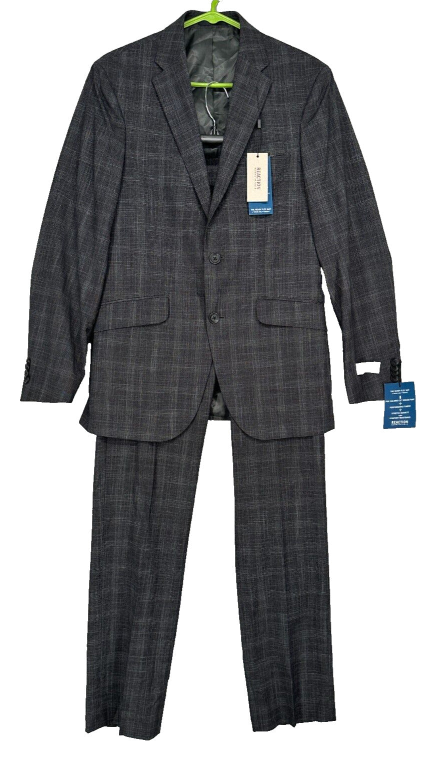 Kenneth Cole Reaction Suit Men Size 46S 40x32 Charcoal Plaid Slim Fit Ready Flex