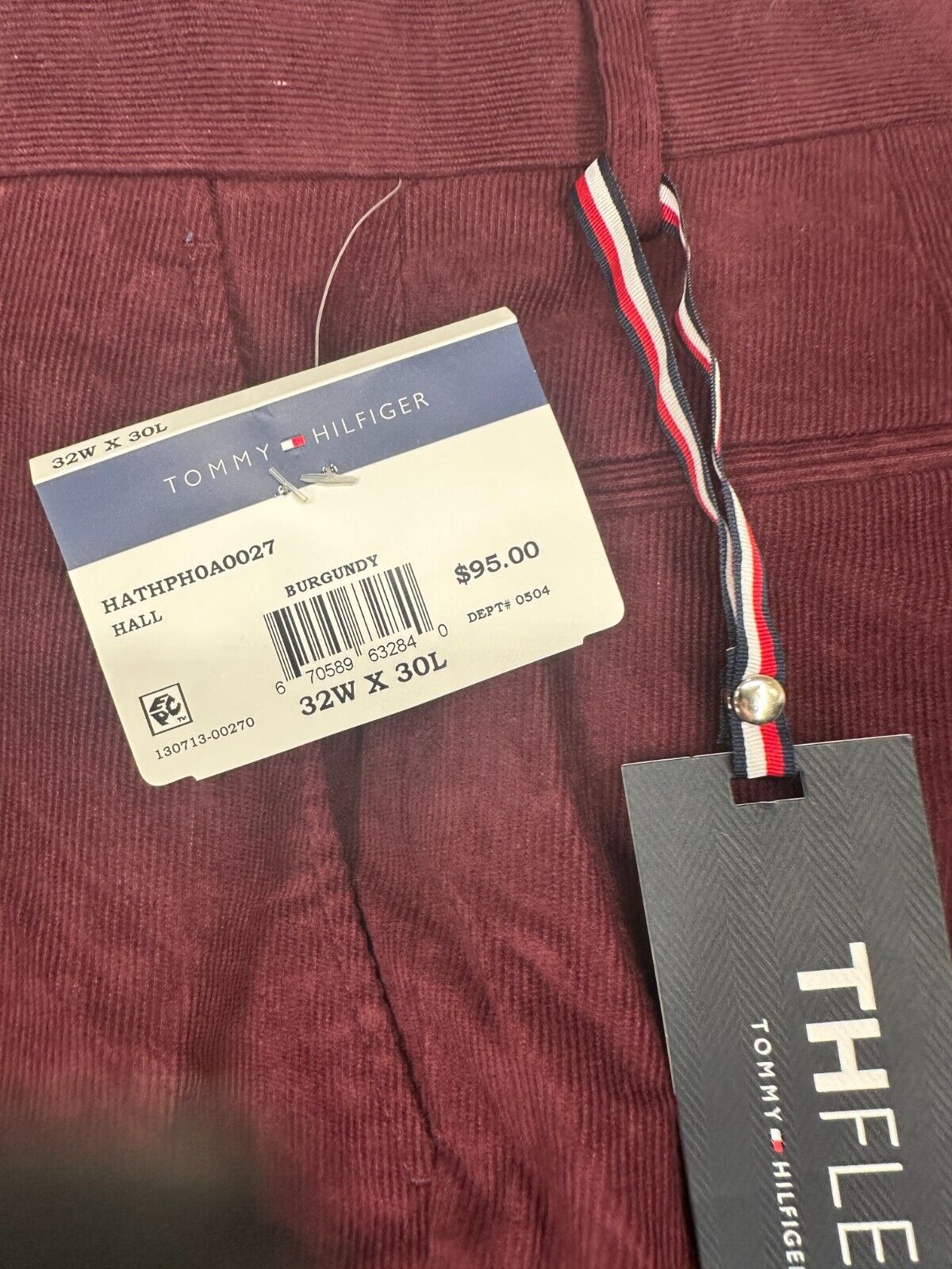 TOMMY HILFIGER Corduroy Pants Mens Size 32x30 Burgundy Modern Fit NWOT $95